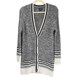T6 American Eagle Outfitters Varsity Gray Black White Long Cardigan Sweater S P